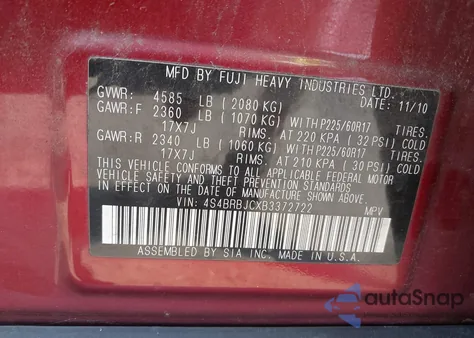 2011 Subaru Outback 2.5I Limited z USA, uszkodzony, nr VIN 4S4BRBJCXB3372722